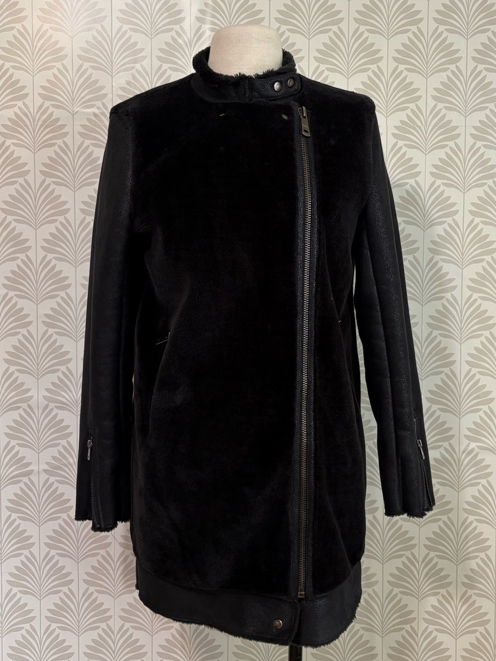 Zara Black Asymmetrical Zip Faux-Shearling Jacket